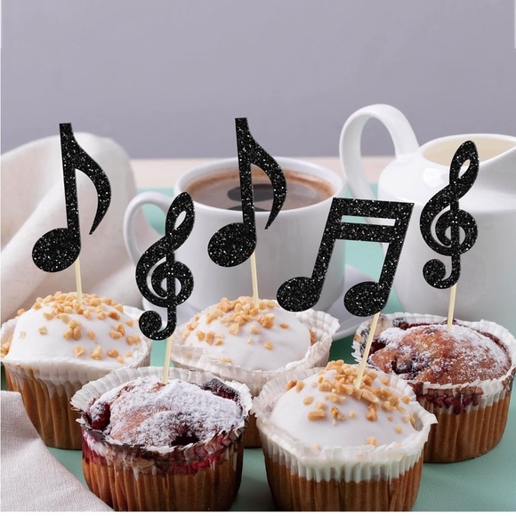 24Pcs Music Notes Cupcake Toppers Black Glitter Musical Symbol Cupcake - Picture 1 of 8